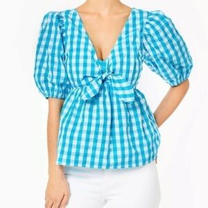 LILLY Pulitzer Sarafina Gingham Babydoll Cotton blend Top Blouse White blue  00